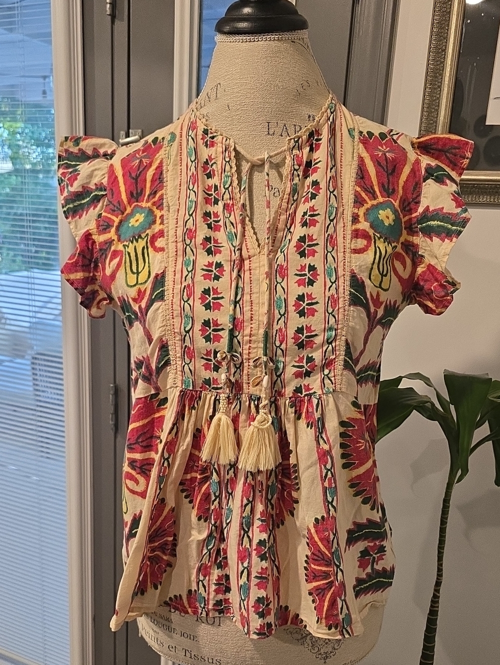 Haute Hippie Boho Embroidered Tassel Peasant Top - Cream & Red Floral - Picture 3 of 9
